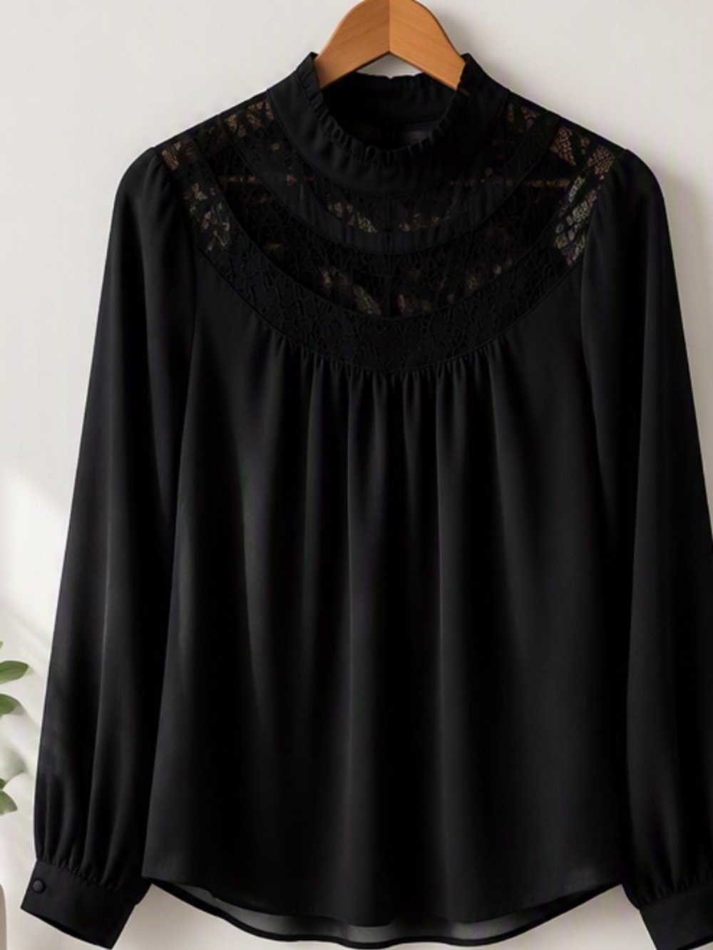 Mustard Seed Black Long Sleeve Blouse with Lace Yoke